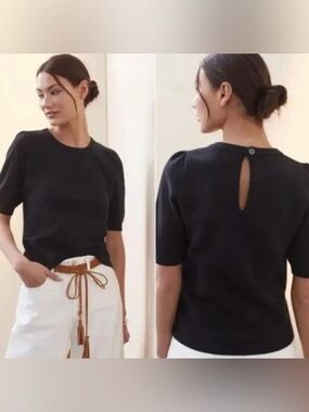 Maeve by Anthropologie Black Short-Sleeve Keyhole Knit Top